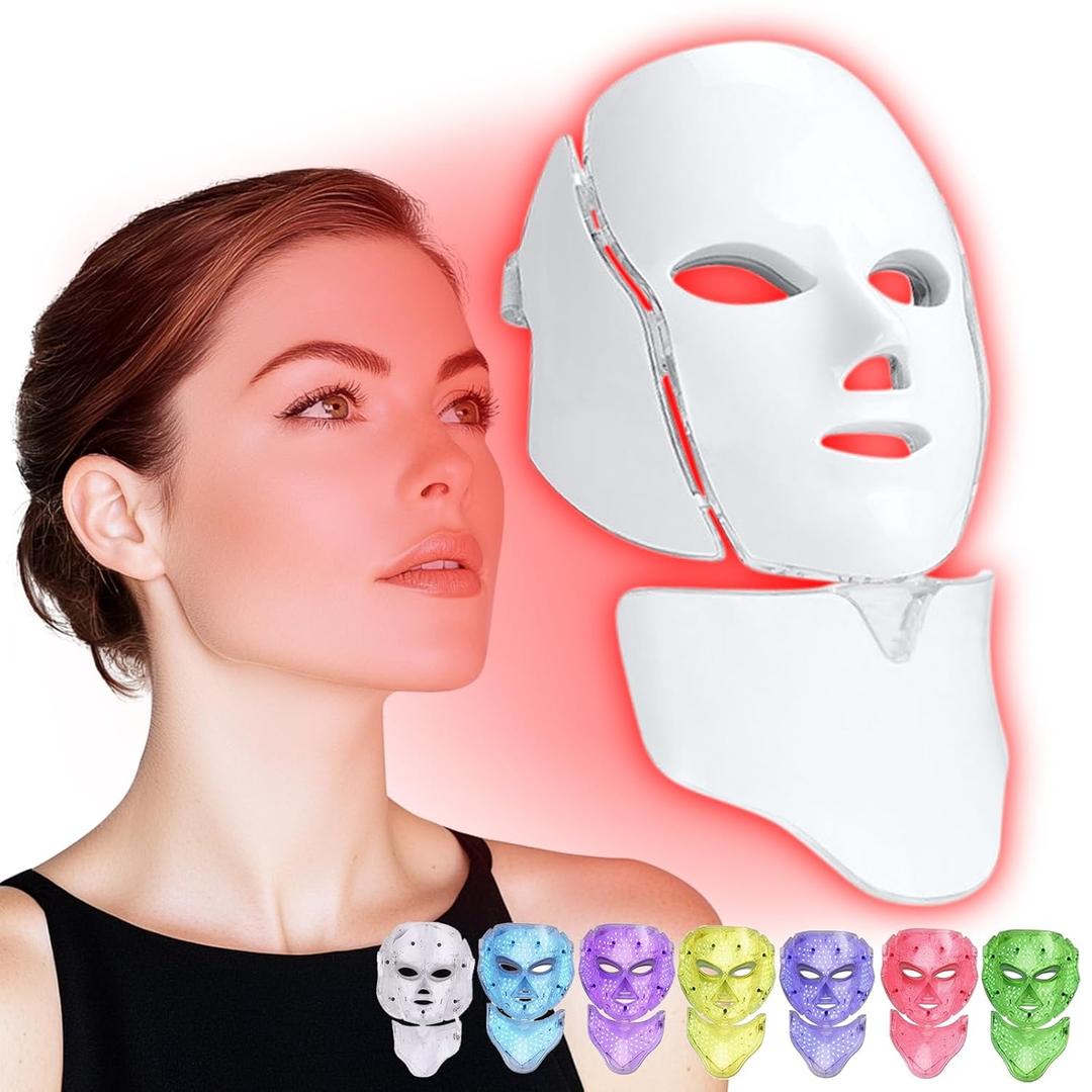 SDKWDH Red Light Photon Facial Mask with Remote Control, 7 Custom Modes with Infrared, Portable with Timer for Home Use (White 01)