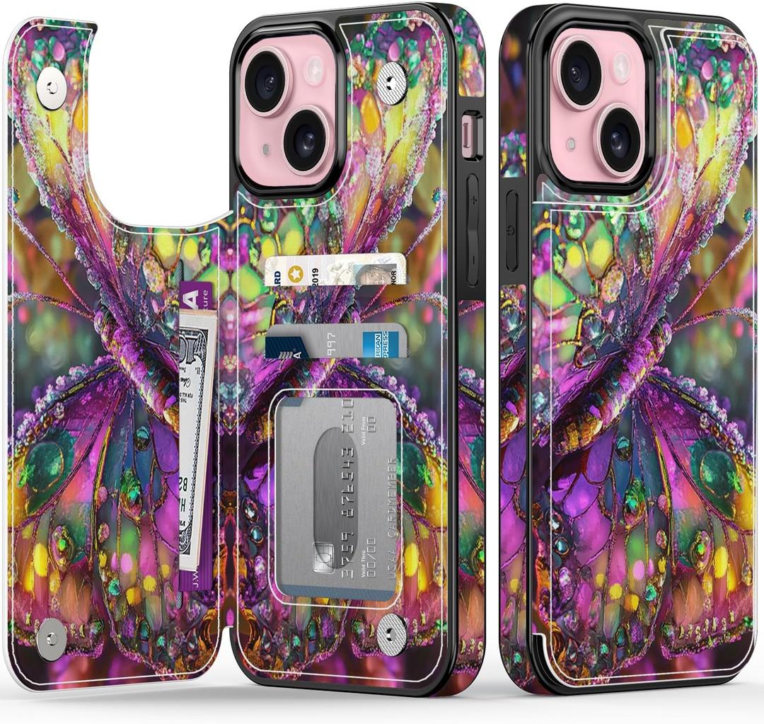 FUNMIKO for iPhone 15 Wallet Case with Card Holder, RFID-Blocking, Military-Grade Protection & UV-Printed Artwork, Magnetic Closure with Leather Kickstand - Vibrant Elegant Butterfly
