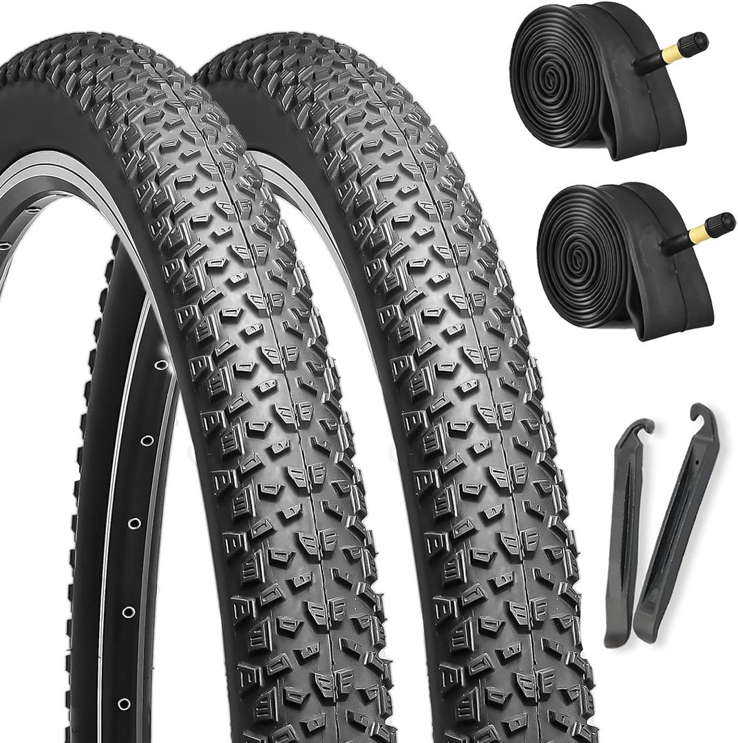 Hycline 2-Pack Mountain Bike Tires Set: 20/24/26/27.5-inch Folding Replacement Puncture-Resistant Bicycle Tires and Pair 20/24/26/27.5-inch Inner Tubes with Tire Levers for MTB Off-Road Bike