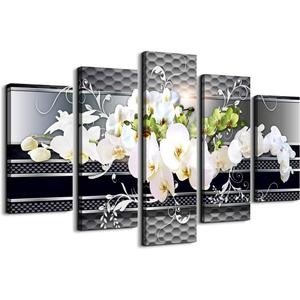 5 Piece Wall decor Canvas art for living room Picture Butterfly Orchid Flowers Contemporary Black White Abstract prints Modern Home bedroom Wall decorations inspirational wall art posters artwork (40"W x 20"H, Grey Relief Art Painting)