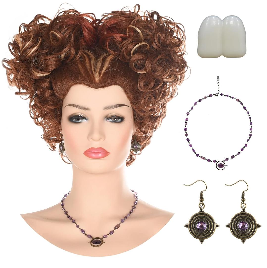 morvally Adult Women Halloween Costume Wig with Necklace Earrings and Teeth Short Reddish Brown Pre-styled Synthetic Wig for Witch Sisters Cosplay Halloween Party