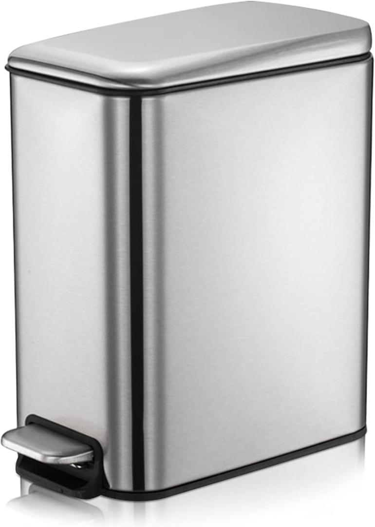 Bathroom Bin, 1.3 Gallon Stainless Steel Pedal Bin Waste Bin with Lids, Slow Drop Closing Slim Rubbish Bin Pedal Waste Basket for Bathroom, Kitchen, and Office (5L, Silver)