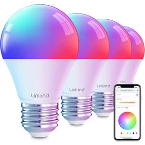 Linkind Smart Light Bulbs, Smart Bulb That Work with Alexa & Google Home, LED Light Bulbs Color Changing, 104 Preset Scene, Music Sync, A19 E26 2.4GHz RGBTW WiFi Bluetooth Light Bulb 60W, 800LM, 4Pack