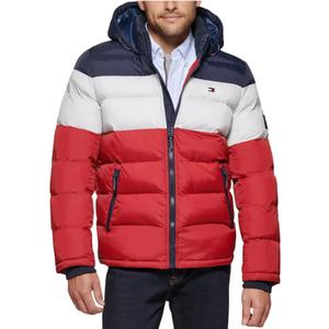 Tommy Hilfiger Men's Down Alternative Hooded Puffer Jacket (Standard and Big & Tall) (Midnight/White/Red)