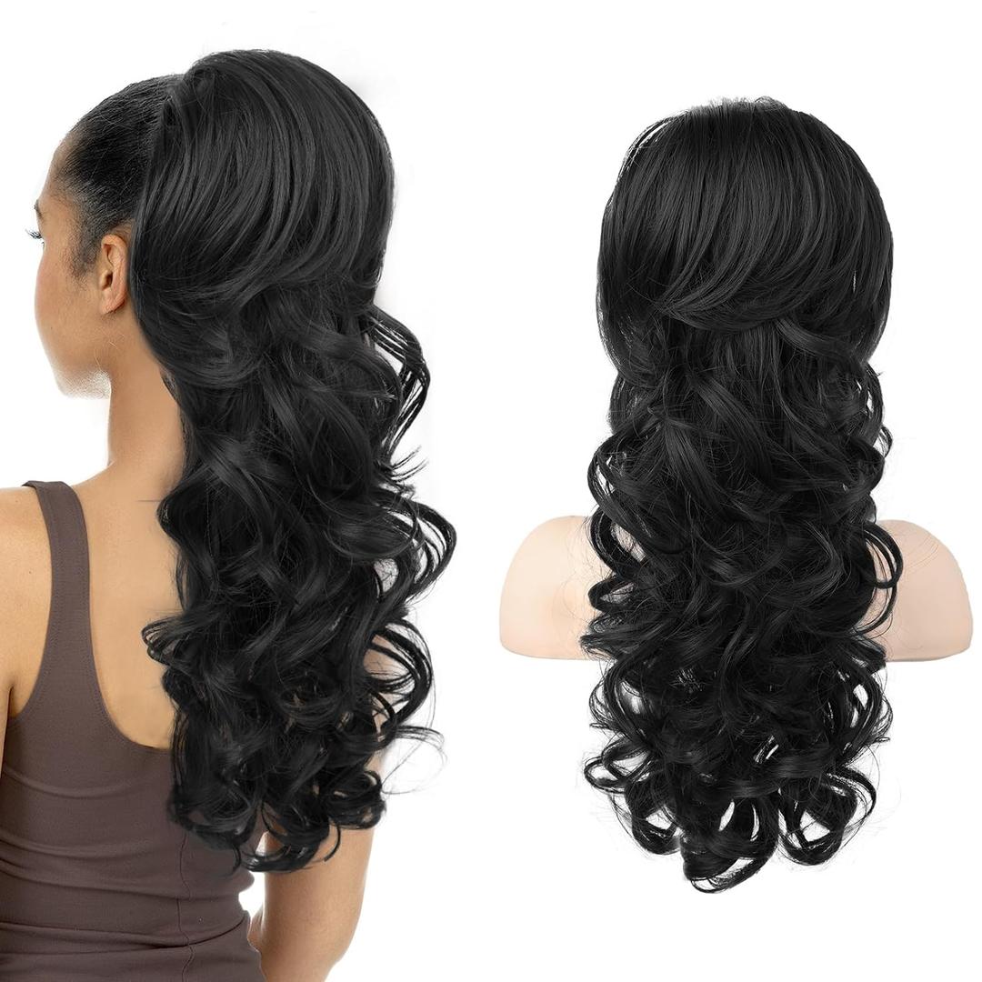 SEIKEA Ponytail Extension, 22" Long Wavy Curly Drawstring Ponytail Multi-layered Fluffy Thick Clip in Hair Extensions Natural Soft Synthetic Hairpiece Black