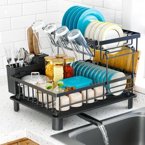Dish Drying Rack, 2 Tier Dish Racks for Kitchen Counter, Compact Drying Rack Kitchen, Rust-Resistant Dish Drainer, Detachable Space-Saving Dish Rack with Drainboard, Utensil Holder, Black