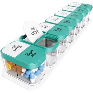 Odaro Extra Large Weekly Pill Organizer 2 Times A Day, Pill Box 7 Day Am Pm to Hold Daily Medicine Vitamin and Supplements - Cyan