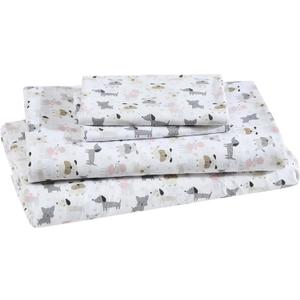Beatrice Home Fashions Printed Microfiber Sheet Set, Soft Comfortable Easy Care, Includes 1 Fitted Sheet with 12" Deep Pockets, 1 Flat Sheet, Pillowcase, Queen, White Puppy Love
