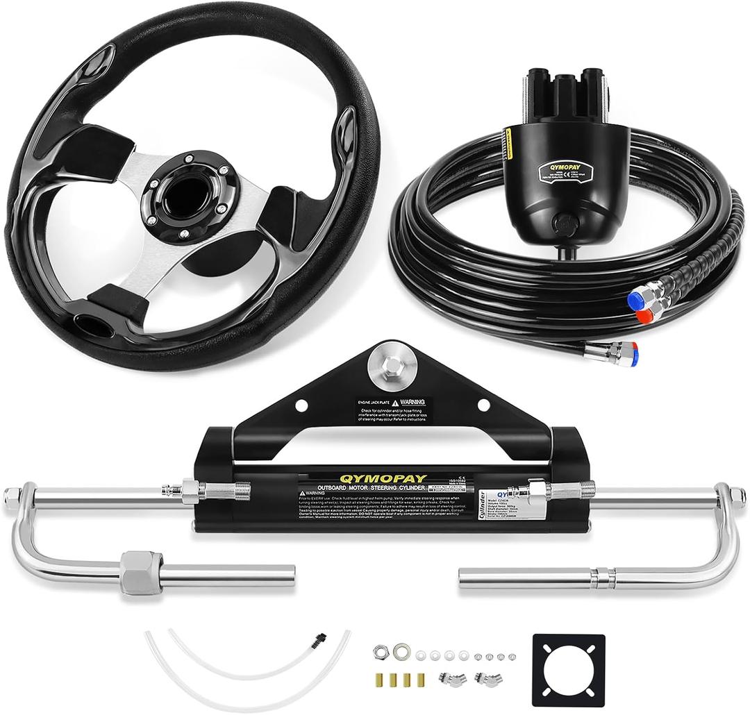 100HP/150HP/300HP Hydraulic Outboard Steering Kit, Marine Hydraulic Steering System with Bi-Directional Locking Cylinders and High Strength Nylon Hose, Single Station, Single Engine Use