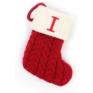 Christmas Stocking with 26 Letter, Initial Embroidered Mini Cute Christmas Stockings Cotton Cord with White Super Soft Plush Cuffs Christmas Decorations, 5.5 * 7.1 in (I)