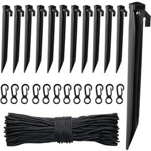 Plastic Inflatable Stakes Set, Include 12PCS Tent Stakes, 12Pcs of Hooks, and 65.5 FT Rope for Halloween Christmas Holiday Inflatables Garden Decorations (Black)