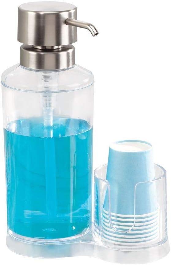 iDesign Mouthwash Dispenser Pump with Attached Paper Cup Holder Caddy, The Clarity Collection 6.25 x 3.5 x 9.25, Clear