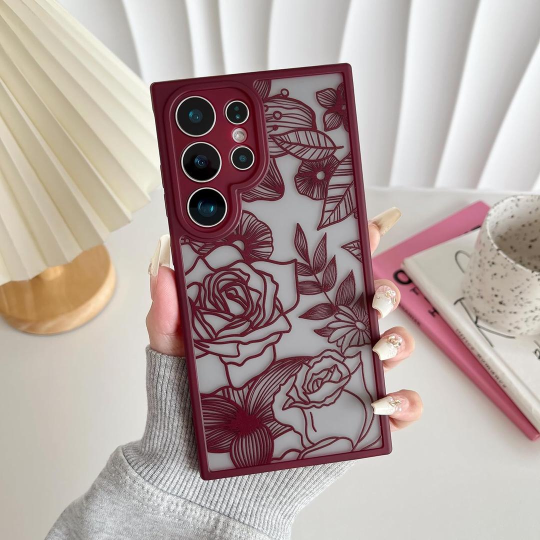 XIZYO for Samsung Galaxy S24 Ultra Case, Floral Rose Cute Phone Case for Women Girls Burgundy Aesthetic Pattern Print Slim TPU Bumper Cover Shockproof Protective Cover for S24 Ultra, Wine Red