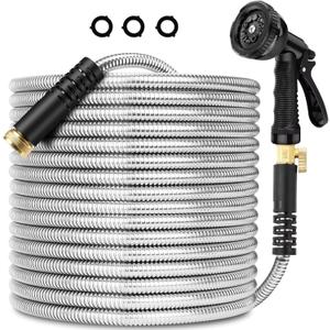 Stainless Steel Garden Hose 25FT, Stainless Steel Heavy Duty Water Hose With 10 Function Nozzle, No-Kink, Tough & Flexible, Sturdy and Lightweight, Rust Proof for Yard, Outdoor