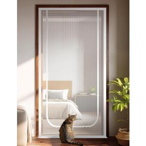Cat Screen Door, Extra Tall Cat-Proof Mesh Gate, Fit Door Size 32'' x 80'', Anti Scratch Mesh with Zipper Closure, for Living Room, Kitchen, Bedroom (White, U-Shaped)