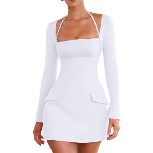 DAAWENXI Women's Long Sleeve Mini Dress Square Neck Halter A Line Party Club Short Dresses with Pocket (White, S)