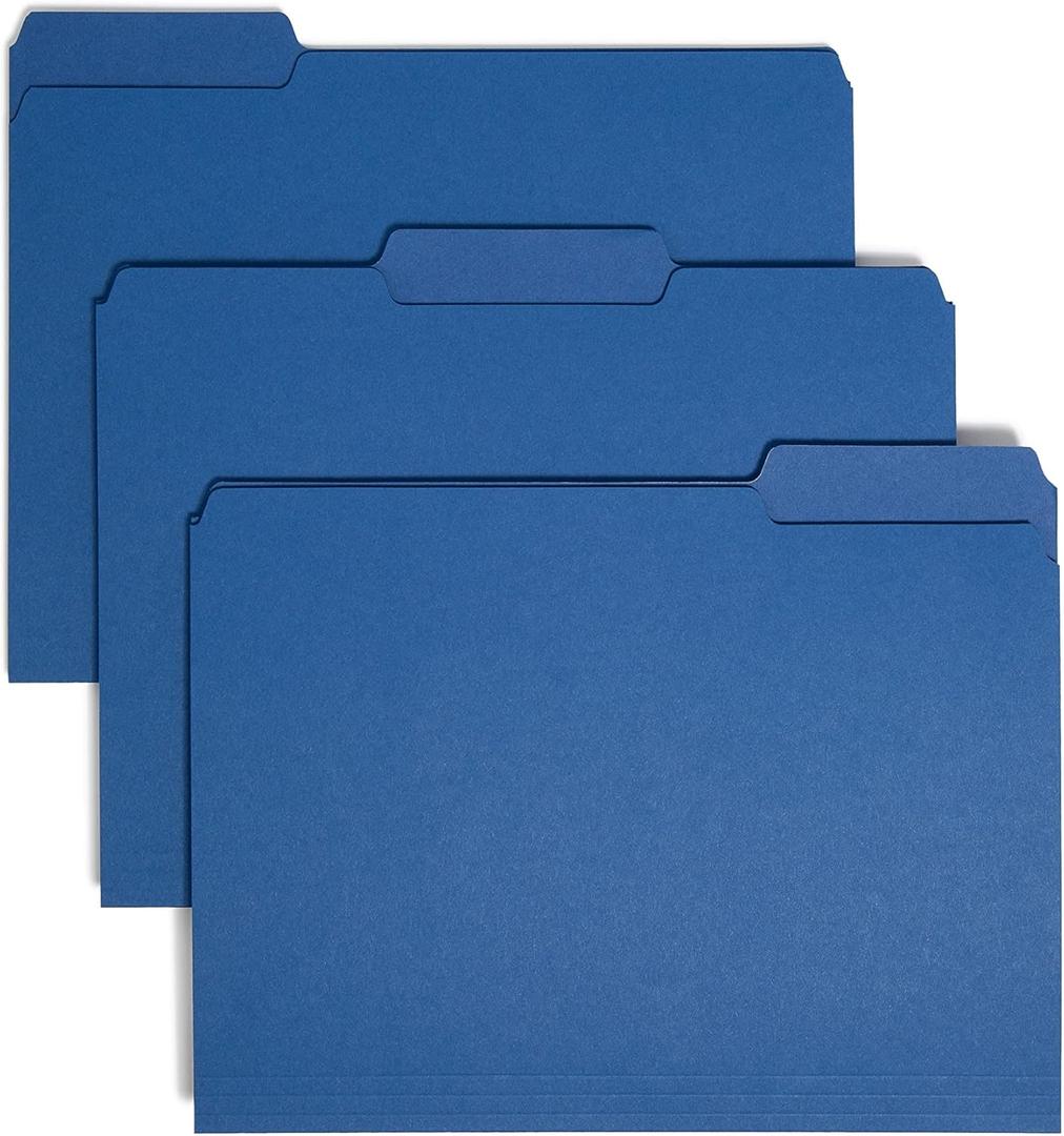 Smead Interior File Folder, 1/3-Cut Tab, Letter Size, Navy, 100 per Box, Expandable File Folders for Filing Cabinet