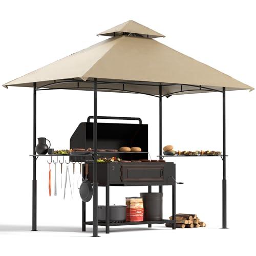 8x5 Grill Gazebo - Outdoor BBQ Canopy Shelter Party Tent with Double Tiered Vented Top and 2 Side Shelves for Patio Backyard Grilling Barbecue Picnic, Beige