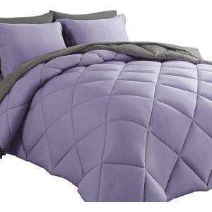 Cosybay Bed in a Bag King Reversible Comforter Sets 7pcs All Season Down Alternative Bedding Sets Lavender and Grey with Comforter, Pillow Shams, Flat Sheet, Fitted Sheet and Pillowcase