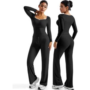 OMKAGI Womens Lounge Set Lace Square Neck Long Sleeve Tops Wide Leg Pants 2 Piece Outfits (Black, XL)