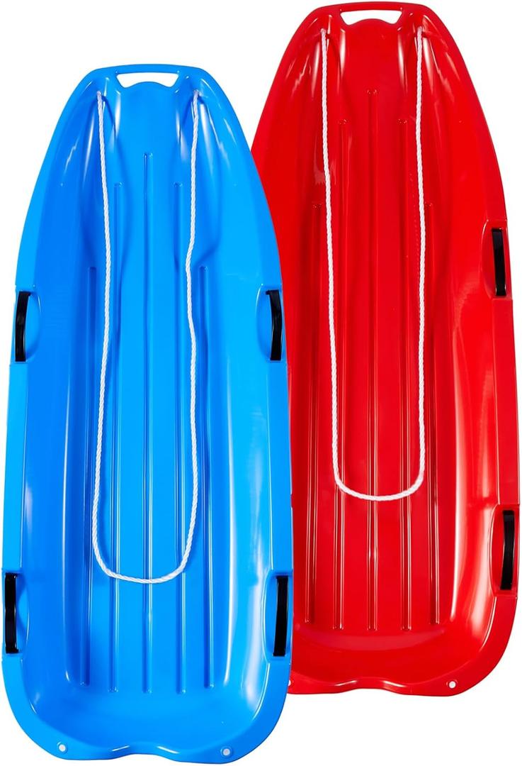 Toboggan Snow Sled for Adults, 48in Plastic Sleds with Pull Rope and 4 Handles, Outdoor Plastic Snow Sled for Kids and Adults