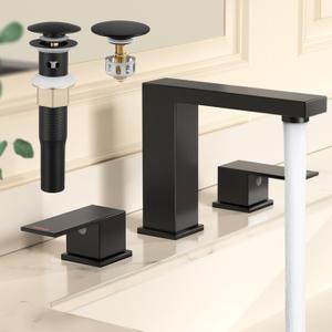 KES All Metal Black Bathroom Faucets with Pop Up Sink Drain with Overflow, 8 Inch Widespread Bathroom Faucet 3 Hole Vanity, SUS 304 Stainless Steel Matte Black, L4350LFF12-BK-C1