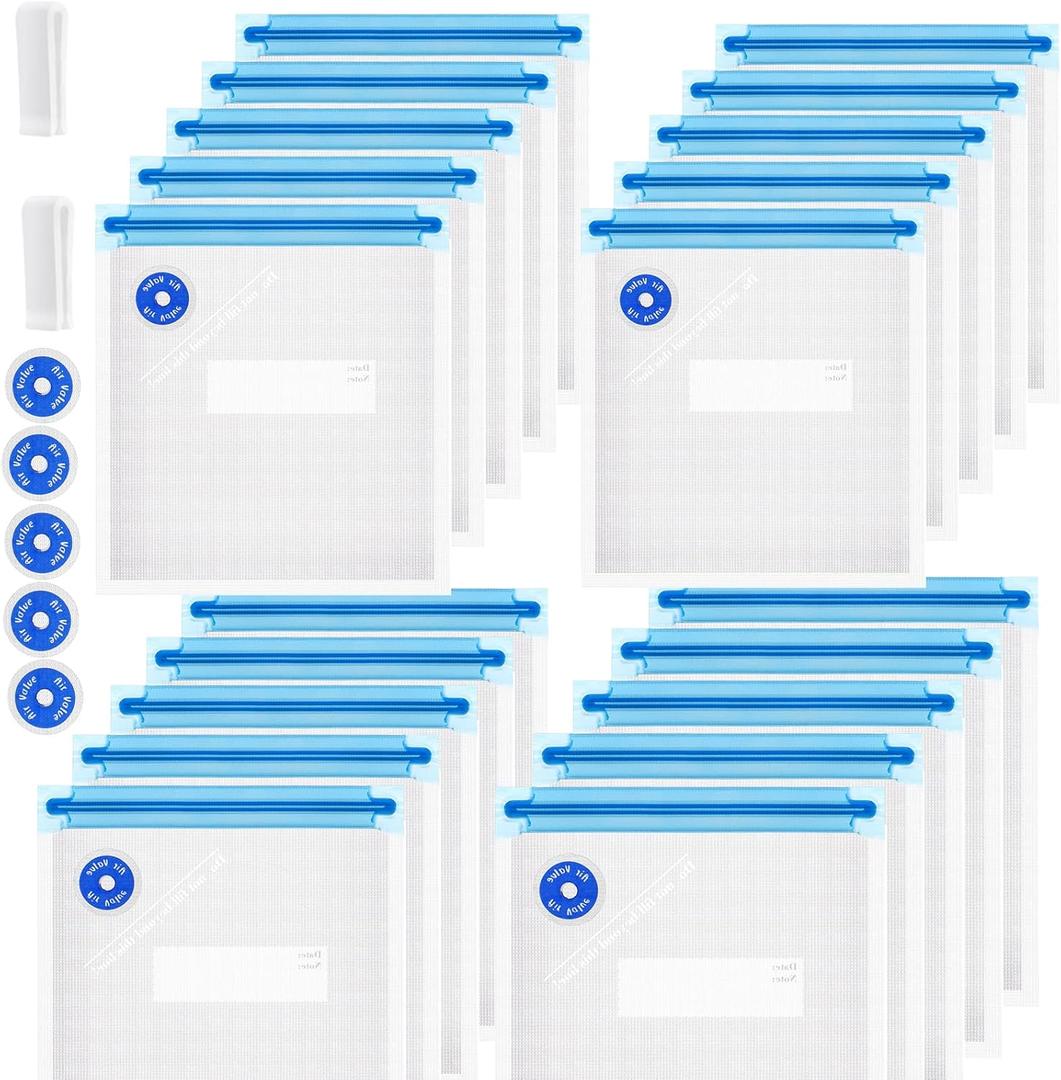 Sous Vide Bags Reusable 27Pcs, BPA Free Food Vacuum Sealer Bag, Food Storage Bag, Vacuum Zipper Bags for Sous Vide Cooking - 20Pcs Food Sealer Bag & 5 Air Valves & 2 Seal Clips (8.5X8.5 in) 1.4L