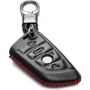 Vitodeco Leather Smar Key Fob Case Compatible with BMW 2, 3, 5, 6, 7 M Series, X1, X3, X4, X5, X6, X7 2014-2022 (Black/Red)