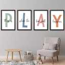 Playroom Wall Art Decor This Is Where The Fun Stuff Happens Sign Colorful Letters Decor 4 Piece 16"11" for Toddler Modren Nursery Children Prints Small Wood Framed Wall Hanging (Black)