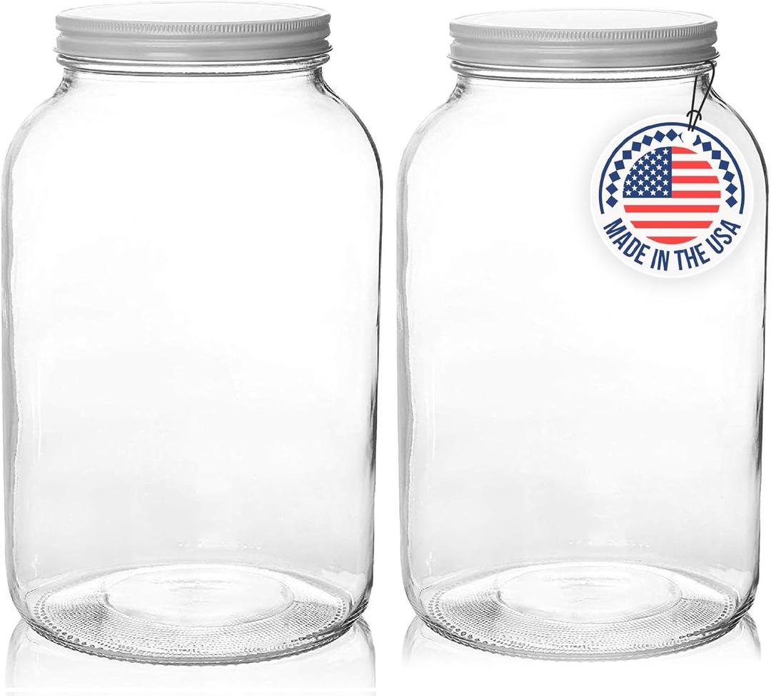 kitchentoolz 1 Gallon Wide Mouth Glass Jar with Airtight Lid  Large Glass Jar for Fermenting, Pickling, Canning, Water Glassing Eggs, and Food Storage  BPA-Free, Made in USA (2-Pack) (White Lid)