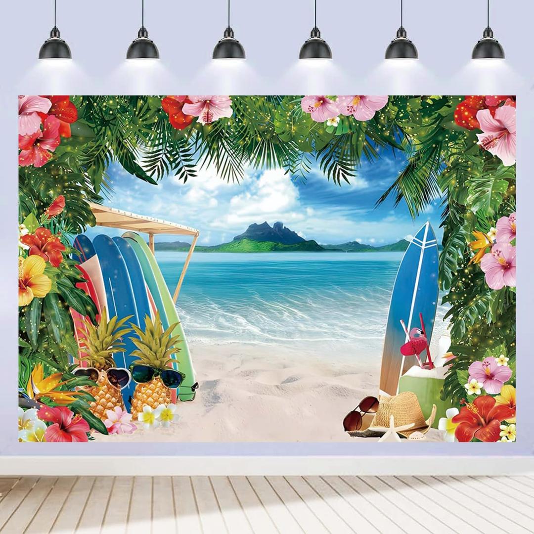 Hawaiian Beach Backdrop 7x5ft Ocean Island Summer Tropical Palm Tree Leaves Surfboard Photo Background Luau Aloha Hawaii Party Decorations Sea Seaside Birthday Wedding Banner Decor Fabric Polyester