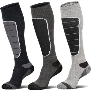 Hylaea Merino Wool Ski Socks, Cold Weather Socks for Snowboarding, Snow, Winter, Thermal Knee-high Warm Socks, Hunting (Large, Black Dark Grey Grey (3 Pairs))