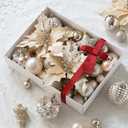 54ct Champagne Gold Christmas Ball Ornaments, Assorted Shatterproof Christmas Decorations Bulk Elegant Hanging Bulbs Ornaments with Artificial Christmas Flowers for Xmas Tree Holiday Party Decor