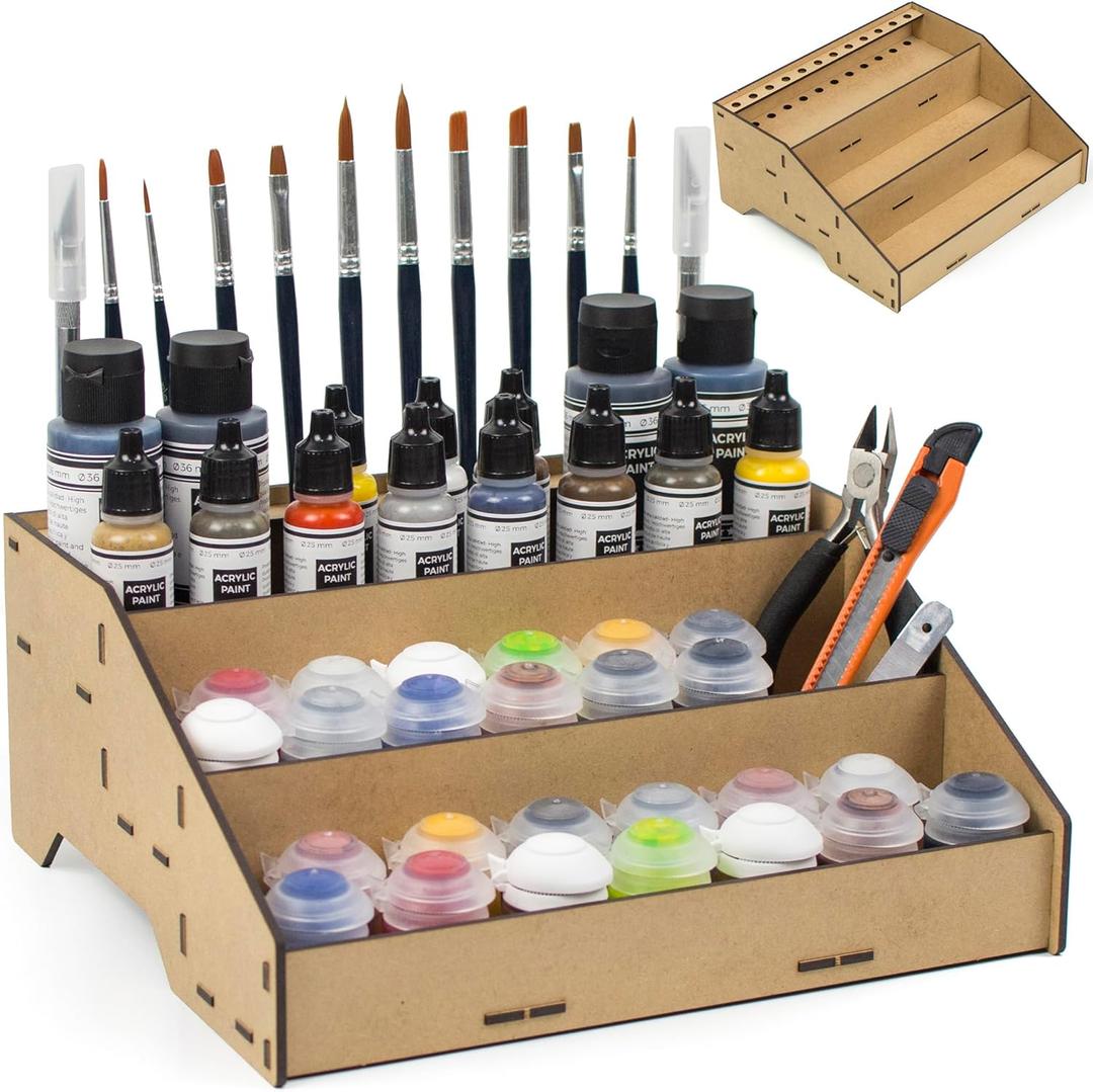 Universal Paint Organizer Rack for Miniatures Modeling Paint Holder for all kind of Bottles + Brush/Tool Slots Compatible with Citadel, Vallejo, Army Painter, Tamiya, others (Module B)