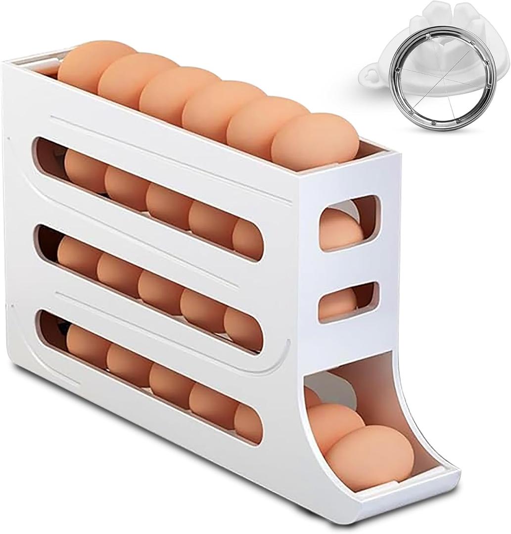 ZAYLAN Egg Holder for Fridge, Auto Rolling Egg Roller/Dispenser/Organizer/Storage Container, Space-Saving 4-Tier Egg Tray for 28 Eggs, Refrigerator, Kitchen & Countertop with Flower Egg Cutter (WHITE)