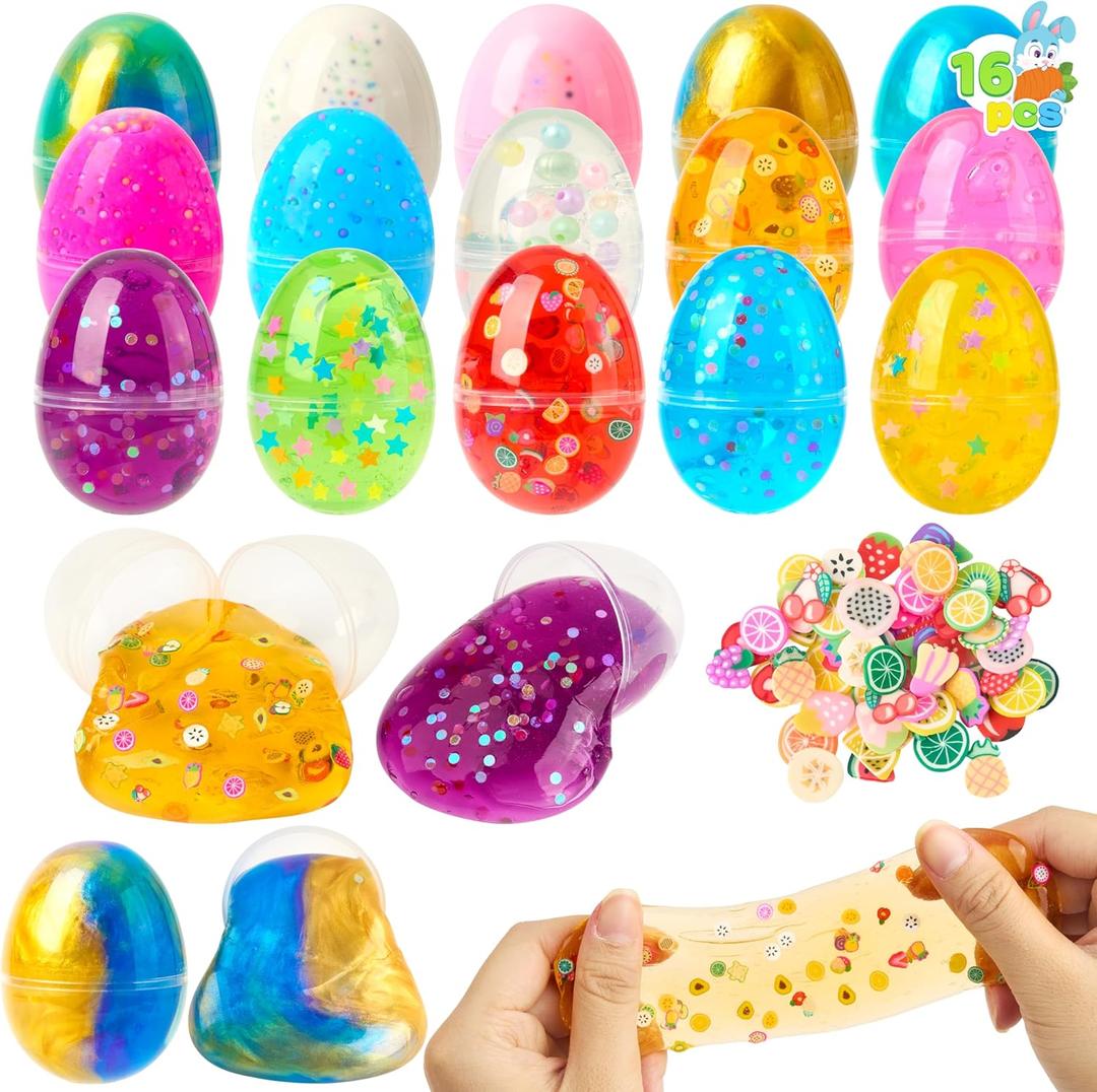 JOYIN 16 Pcs Prefilled Easter Eggs with Crystal, Galaxy, Slime and Confetti Stress Relief for Kids Easter Party Favors Supplies, Eggs Hunt, Basket Stuffers Fillers