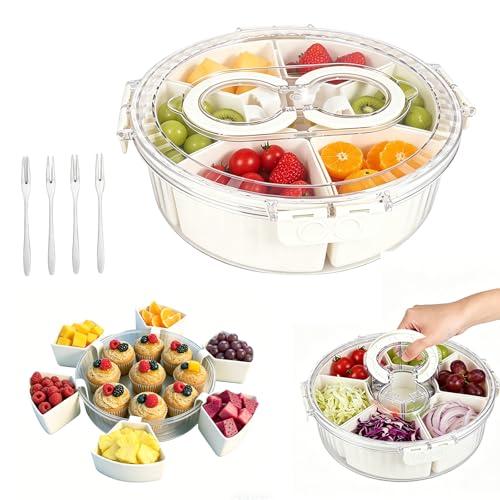 Aufind Divided Serving Tray with Lid and Handle, Stackable Snackle Box Container for Fruits Candy Veggies, Portable Spinning Rounded Tray with 6 Removable Dip Bowls