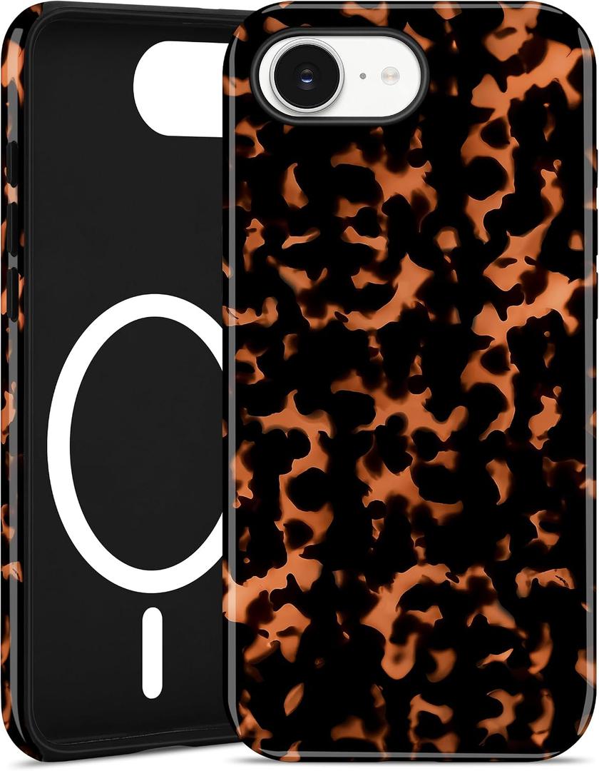 Jusy Magnetic Brown Tortoise Shell Phone Case for iPhone 16 Plus,Orange | Compatible with MagSafe,Cute Aesthetic Cheetah Leopard Design,TPU and PC Protective Shockproof Cover