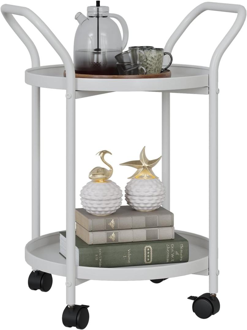 MKZYO 2-Tier Round End Table with Wheels and Handle, Movable Side Table for Living Room, Metal Steel Weather Resistant Portable Outdoor and Indoor Accent Table for Garden Balcony Yard (White)