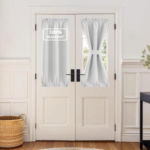 NICETOWN 100% Linen Blackout French Door Curtains, Privacy Door Window Curtains, 25 X 40 Inch Room Darkening Blinds, Thermal Insulated Short Shades for Bedroom Kitchen, 1 Panel, Cloud White