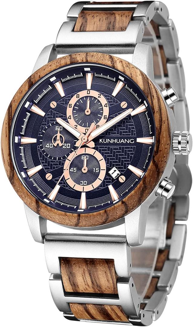 IK COLOURING Men's Wooden Watches, Multifuctional Quartz Chronograph & Date Display Watch for Men Handmade Wood Wrist Watch Luminous Stylish Casual Lightweight Wood & Stainless Steel Male Watch
