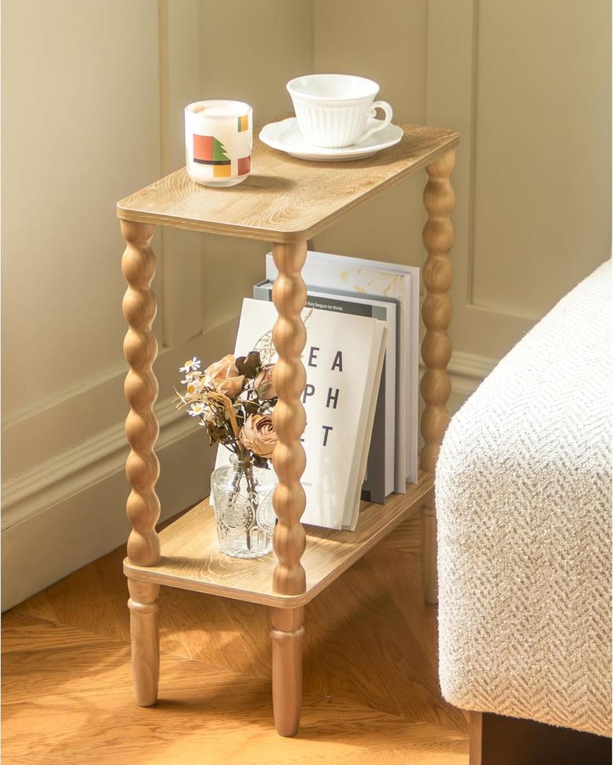 Fultyle Narrow End Table, Small Narrow Side Table with 2-Tier Storage, Skinny Bedside Table Nightstand for Narrow Spaces, Living Room, Bedroom (Rustic Walnut)