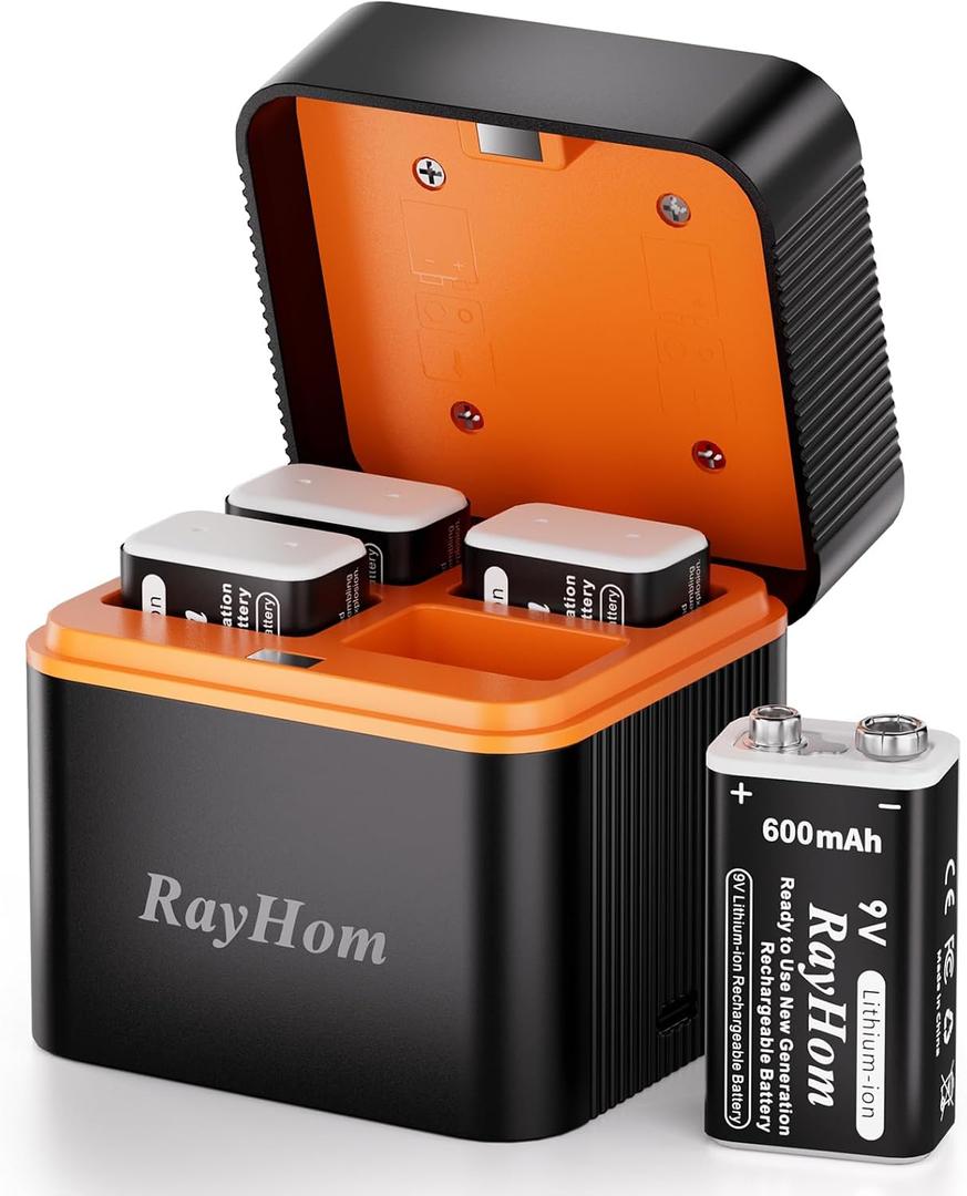 4 Pack 9V Rechargeable Lithium Batteries, 600mAh 9 Volt Long Lasting Power with 4 Slot Battery Charger Storage Box, for Smoke Alarms,Multimeters,Microphones,Walkie-Talkie,Toys