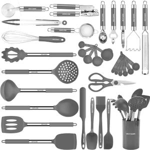 Kitchen Utensils Set-Silicone Cooking Utensils-32pcs Non-Stick Silicone Cooking Kitchen Utensils Spatula Set with Holder-Best Kitchen Cookware with Stainless Steel Handle (Grey) 
