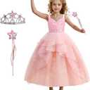 Kids Pink Witch Costume for Girls Bubble Dress Pink Mesh Sequin Outfits with Accessories 150