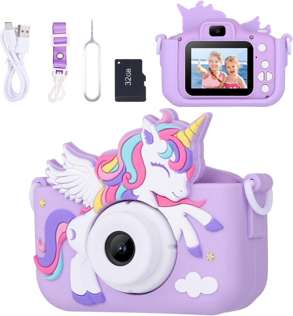 Unicorn Toys Camera for Kids Girls Age 3-8, Toddler Kids Digital Camera Christmas Birthday Gifts for 3 4 5 6 7 8 Years Old Girl, Cute Selfie Video Camera, HD 1080P, 32GB SD Card, Purple