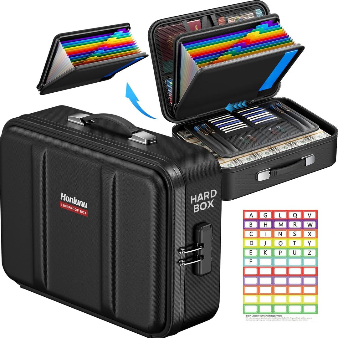 Honlunu Fireproof Document Box, Hard Case Fireproof Document Organizer with Lock, Water Resistant Safe Box for Important Documents Certificates Laptop Passports, Black