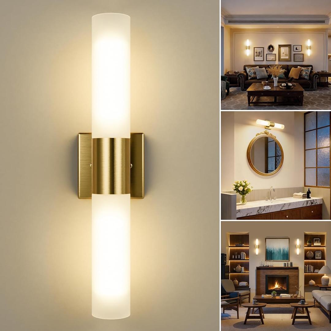 Kalium Bathroom Wall Sconce Fixture, 21 Inch Modern Vanity Lights with Frosted Glass Shade, Indoor Sconces Lighting Wall Decor Lamps for Bathrooms Living Room Stairs Bedroom (Gold)