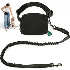 Hands Free Dog Leash with Dog Treat Pouch - Stylish & Trendy Waist Leash for Dog Walking - Wear on Waist or Crossbody - Durable & Detachable - Shock Absorbing - Waste Bag Dispenser - Walk or Run (Black)