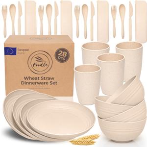 FOODLE Wheat Straw Dinnerware Set - Picnic, Camping Plates Cups and Bowls
BPA-Free & Safety Tested - Microwave & Dishwasher Safe - College Dorm Unbreakable Dishes - Great for Kids & Adults - For 4
